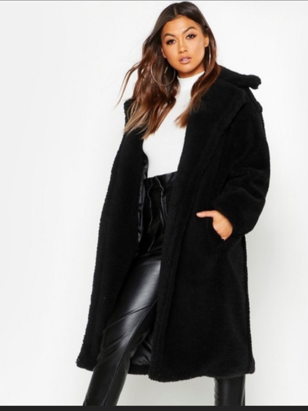 GAP Black Faux Shearling Long Belted Coat M